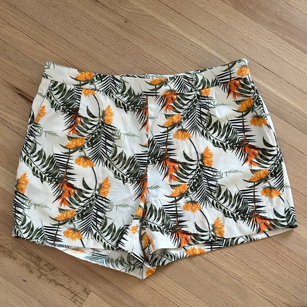 Floral Palm Print Women's Bermuda Shorts - White with Orange and Green